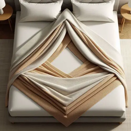 a throw blanket folded into a creative triangle shape on one of the bed's bottom corners
