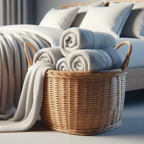 a throw blanket kept in a wicker basket that fits the bedding
