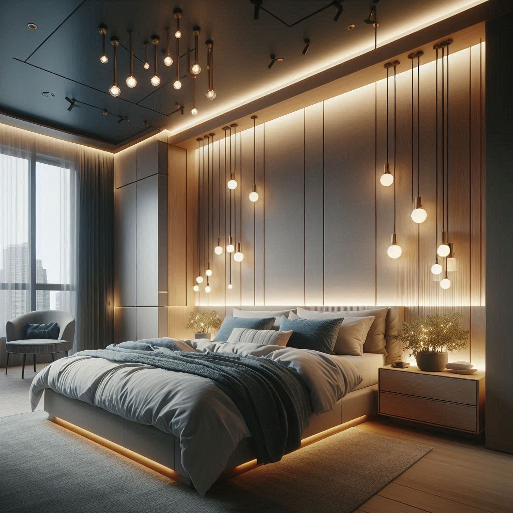 A bedroom with a mix of ambient, task, and accent lighting, featuring dimmer switches for adjustable brightness.