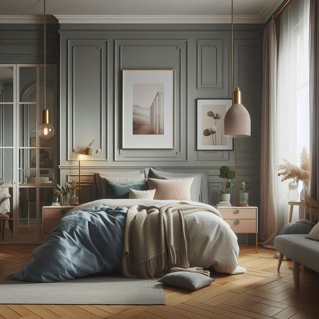 A bedroom with a relaxing colour palette