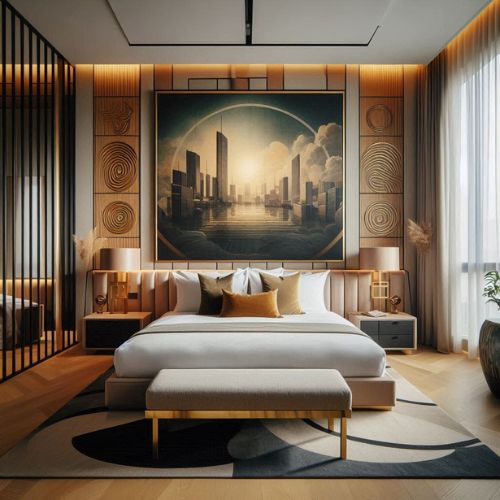 Hotel Vibe Bedroom with large, statement pieces of art to anchor the room