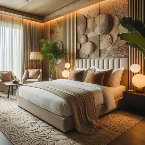 Hotel Vibe Bedroom with textured rugs to add warmth and depth
