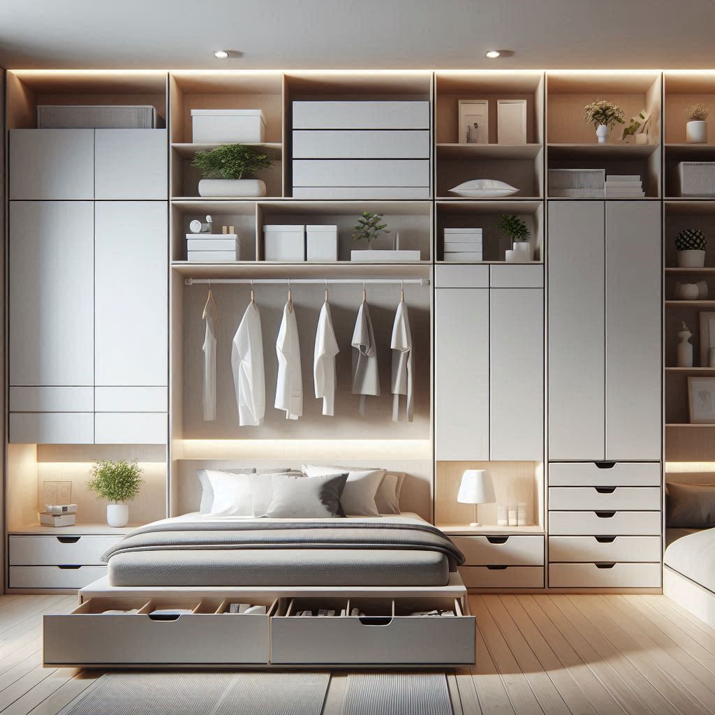 Minimalist bedroom design with smart storage solutions