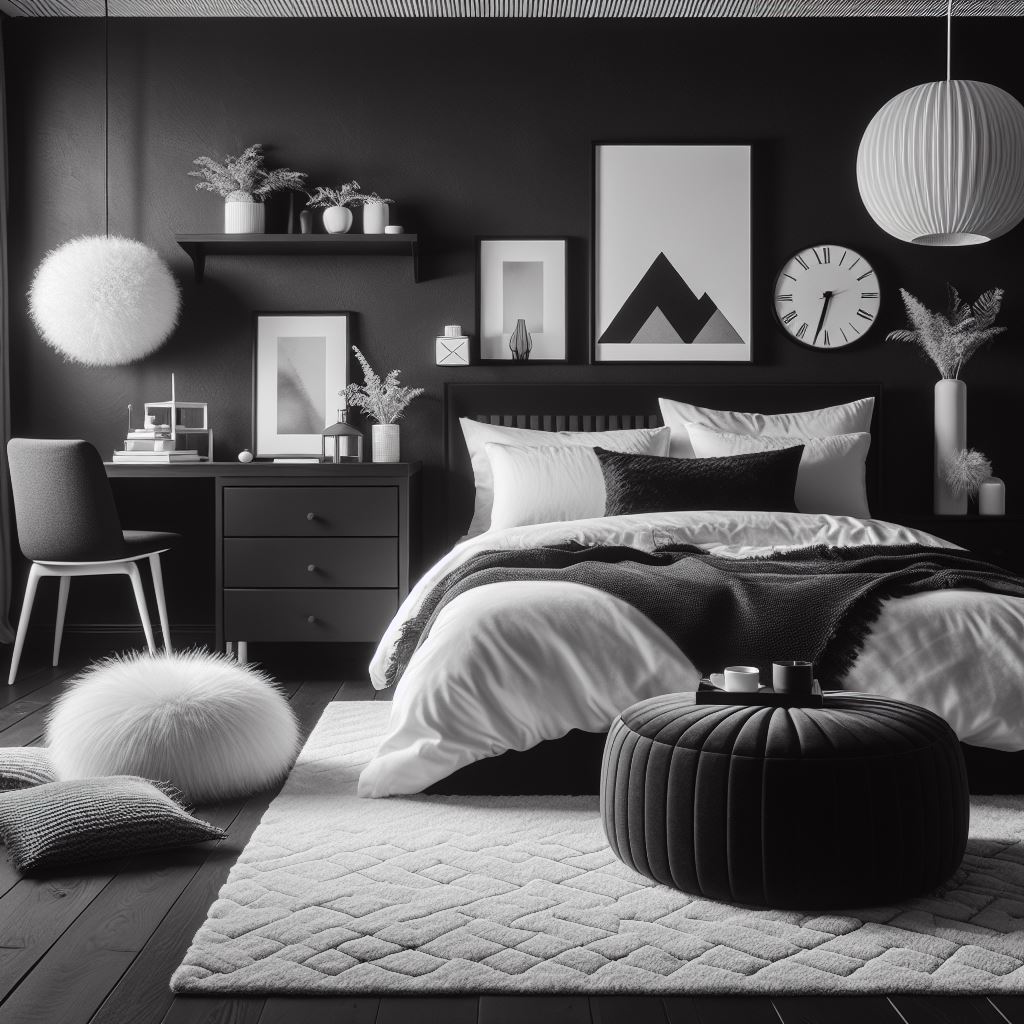 Monochrome Haven a black-and-white themed bedroom