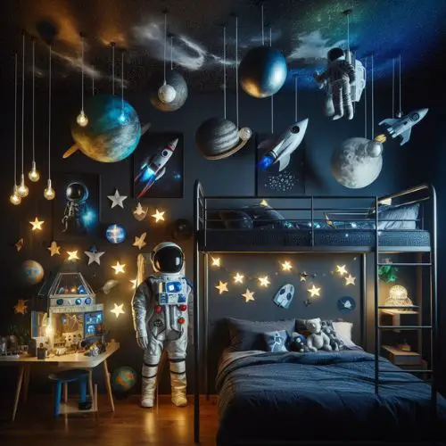 Outer Space Adventure Theme: Cosmic Explorers with a ceiling painted dark blue or black