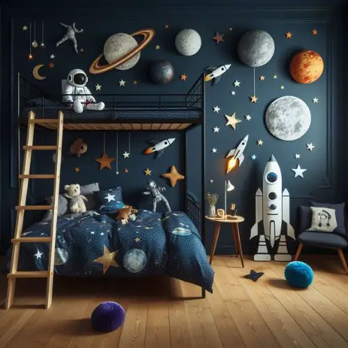 Space Adventure Theme: Cosmic Dreams with walls painted midnight blue or deep purple