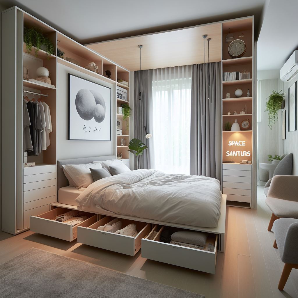 Space-Saver Sanctuary a minimalist bedroom with innovative storage solutions like under-bed drawers