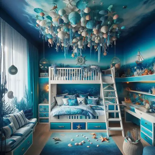 Under-the-Sea Adventure Theme: Oceanic Escape with walls painted in shades of blue and turquoise