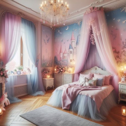 Whimsical Fairytale Theme: Enchanted Dreams with a room turned into a magical fairytale land, walls painted with soft pastels