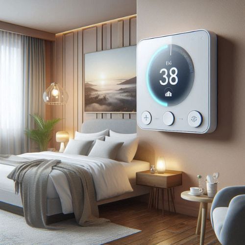 a smart thermostat for climate control in a hotel vibe bedroom