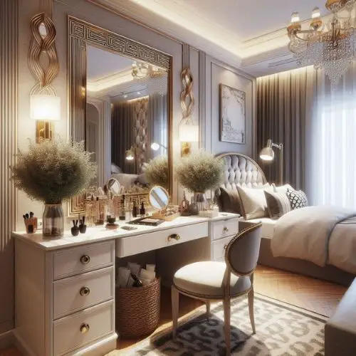 a vanity area for getting ready in a hotel vibe bedroom