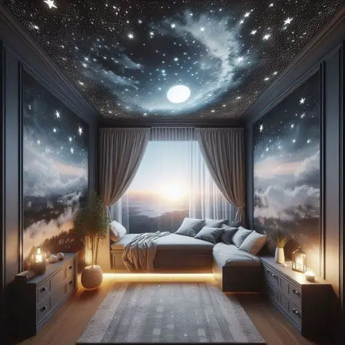 ight sky nook with a mural of the night sky on the ceiling and glow-in-the-dark stars for a dreamy escape