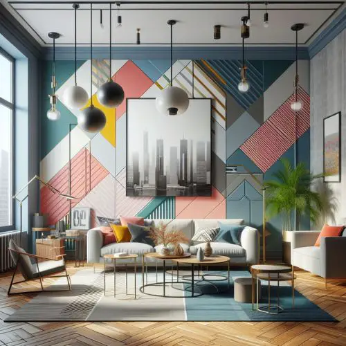 realistic images of a colorful design-forward space with modern interior design