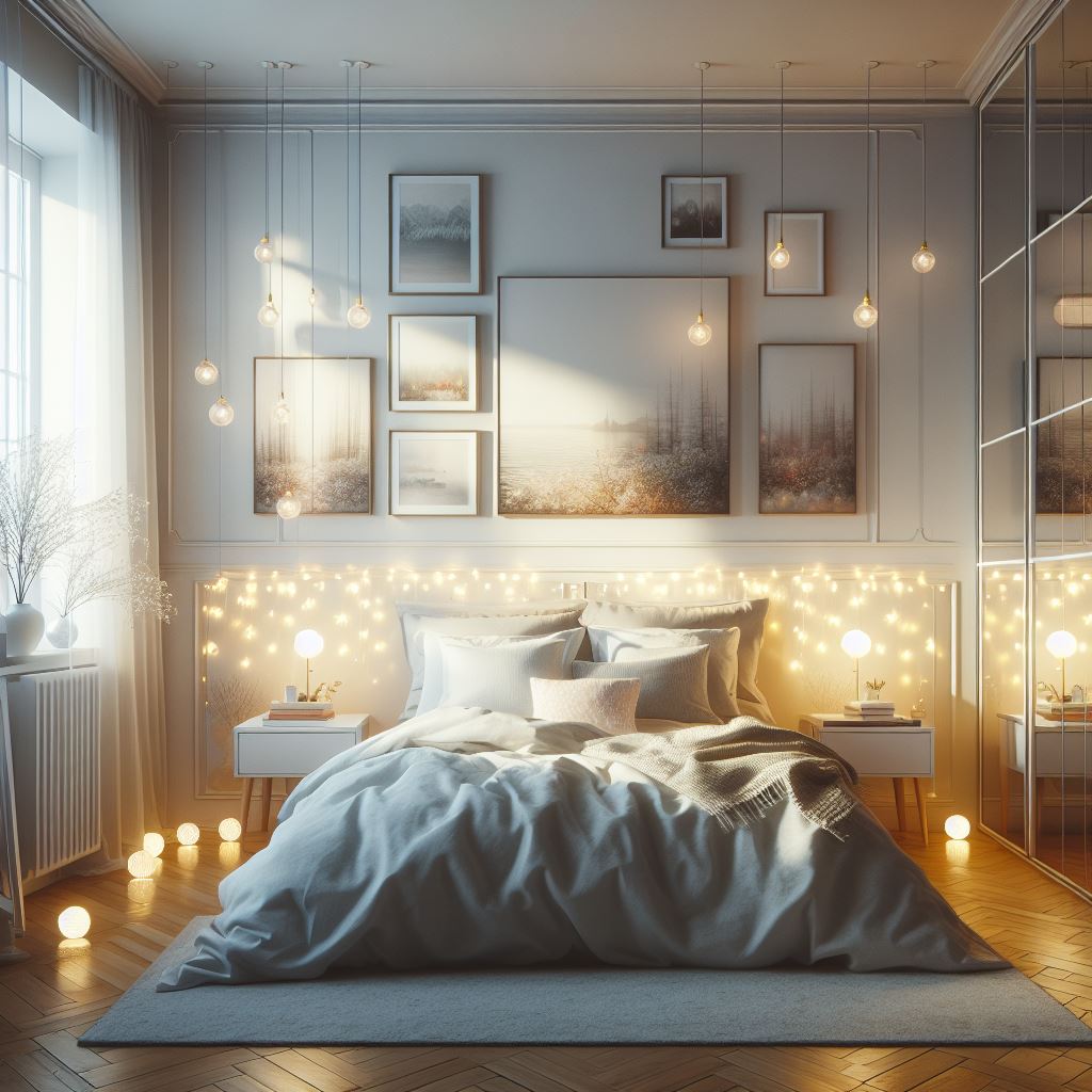 windowless bedroom with light-reflecting hues like soft whites or pastels