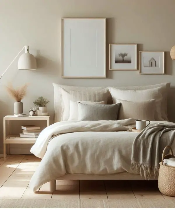 A simple and serene guest bedroom with a neutral color palette for a calming effect