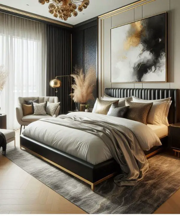 A sophisticated guest bedroom with a black bed frame as the focal point