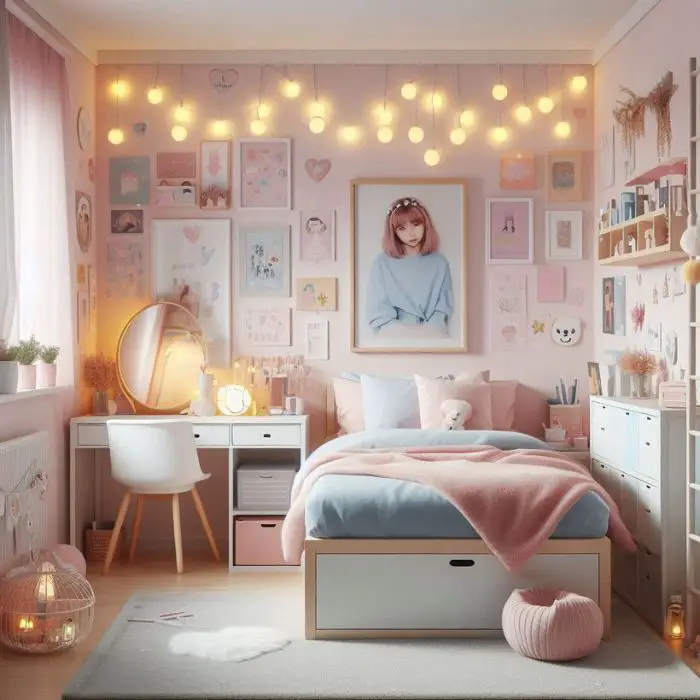 Aesthetic small bedroom for teens with pastel colors