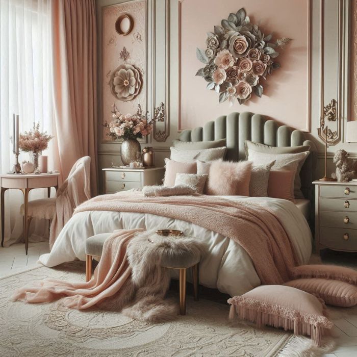 Blush Pink and Sage Green Elegance Bedroom with metallic accents