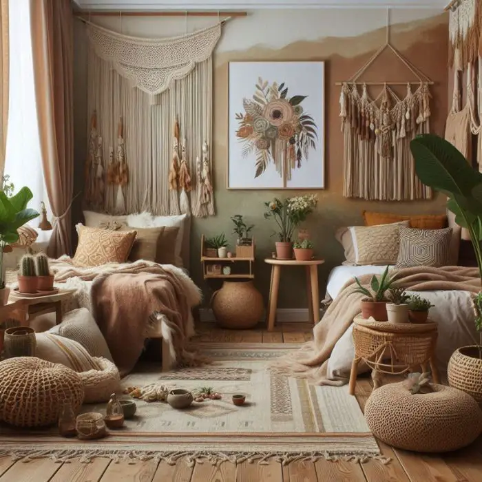 Boho Chic Haven bedroom for 2 sisters with earthy tones