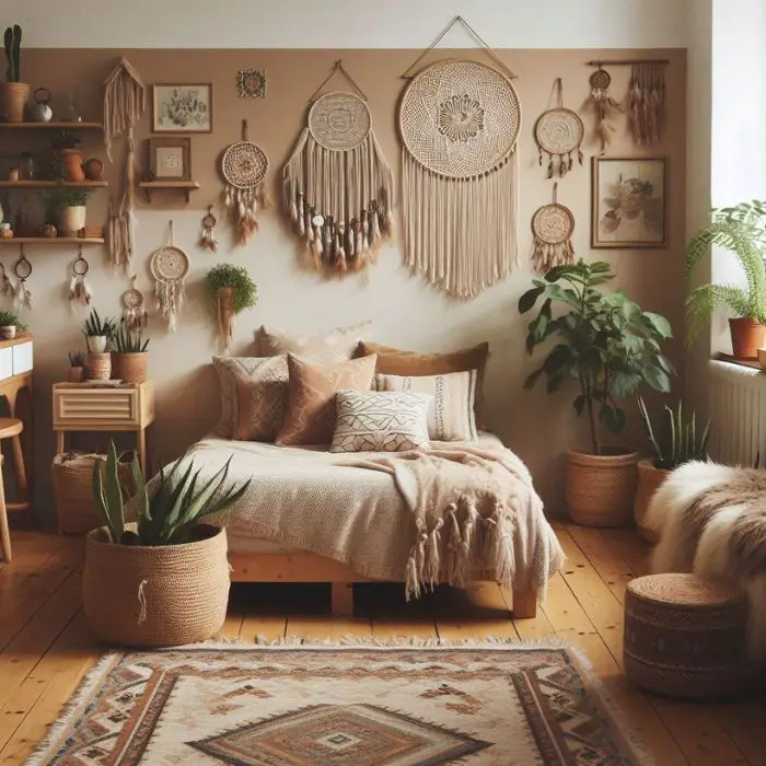 Boho small bedroom for teen girls with earthy tones
