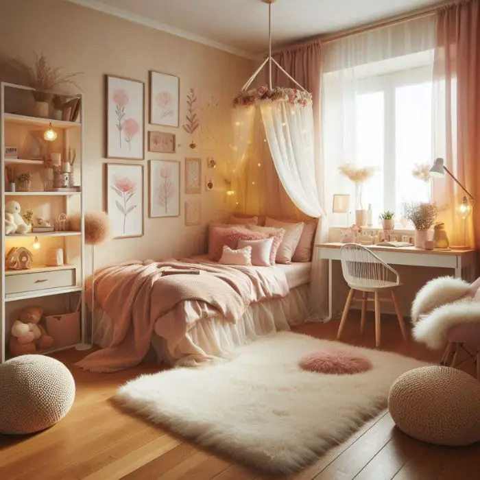 Cozy small bedroom for teen girls with warm colors like beige and soft pink