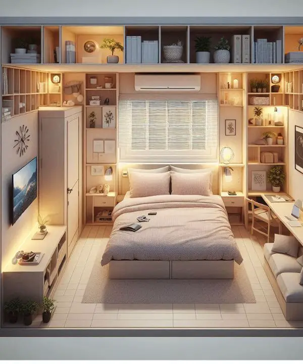 Efficient layout for a small bedroom for couples with maximized space