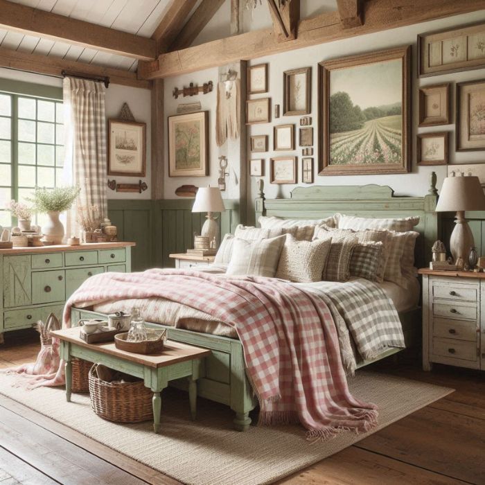 Farmhouse Flair Bedroom with sage green and pink colors