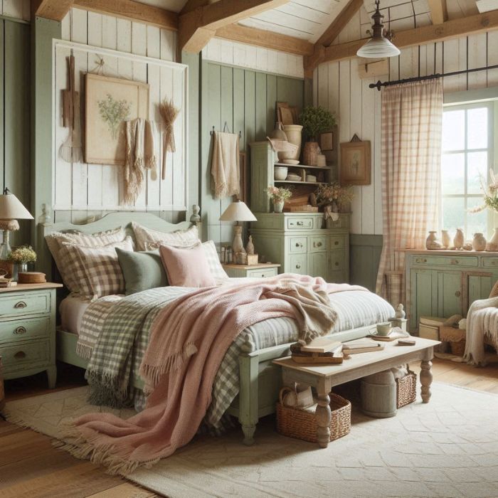Farmhouse Flair Bedroom with sage green and pink colors