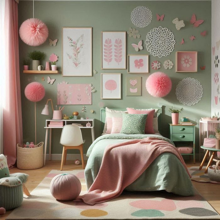 Girl’s Dream Bedroom in Sage Green and Pink with playful patterns