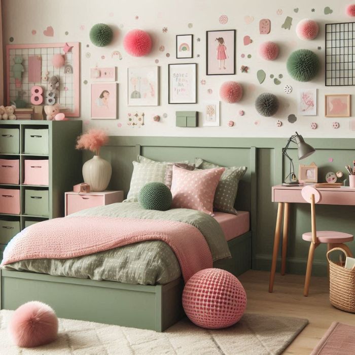 Girl’s Dream Bedroom in Sage Green and Pink with playful patterns
