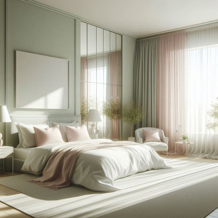 Light and Airy Sage Green and Light Pink Bedroom with spacious feel