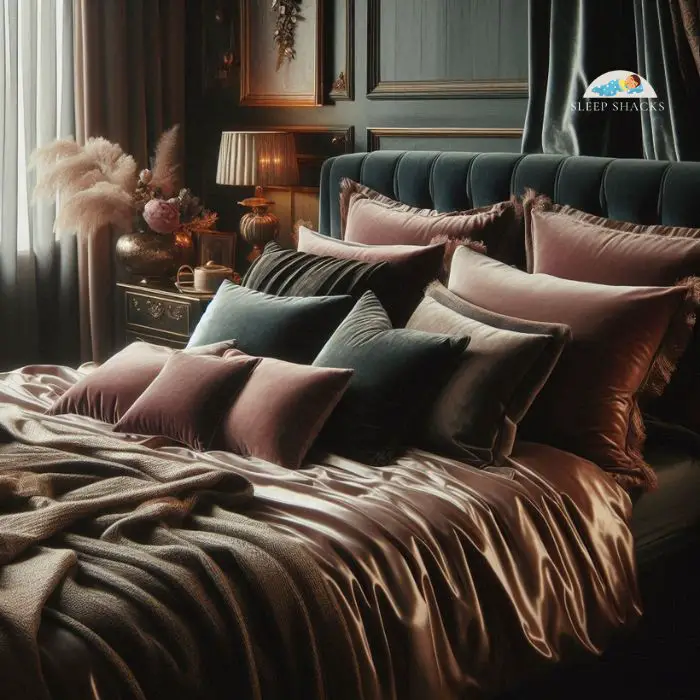 Luxurious bedroom with silk and velvet textiles