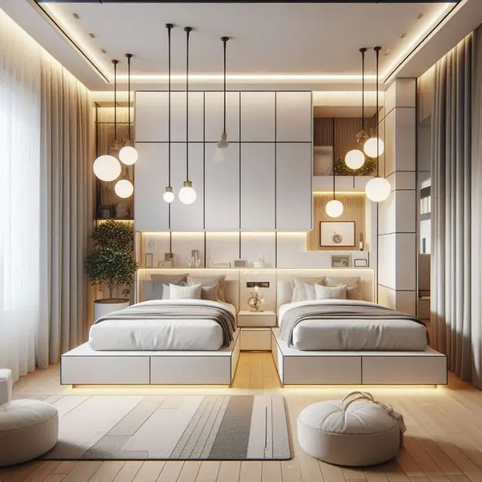 Modern Marvel bedroom design for 2 sisters with sleek