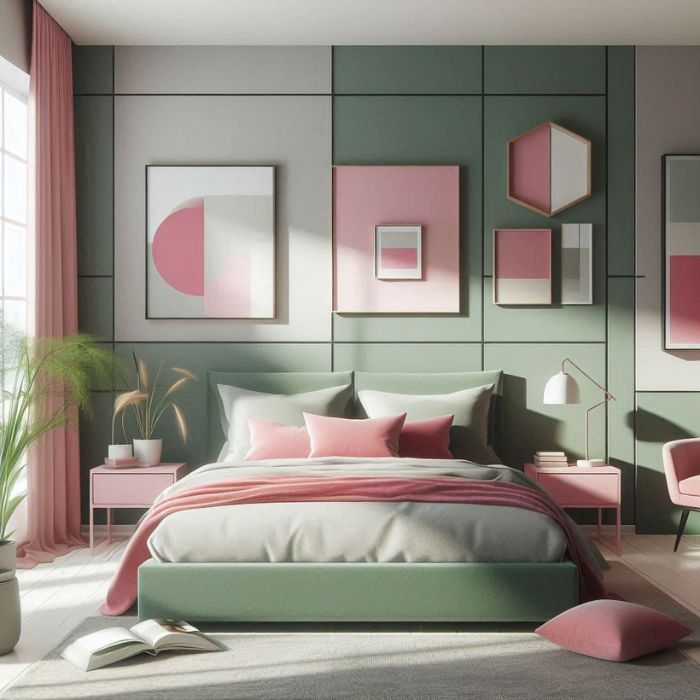 Modern Mix of Sage and Pink Bedroom with clean lines