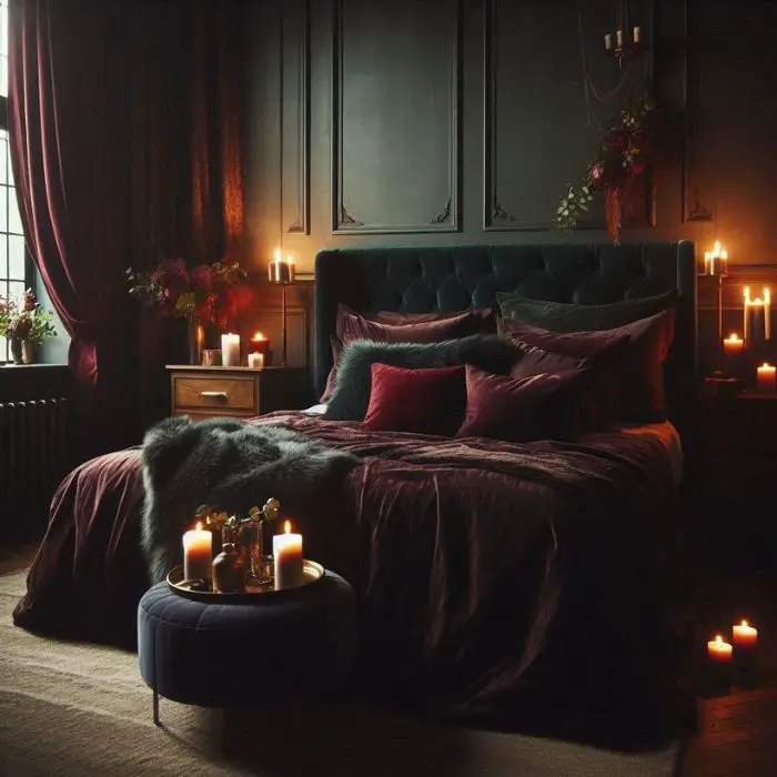 Moody romantic bedroom with deep rich colors like burgundy