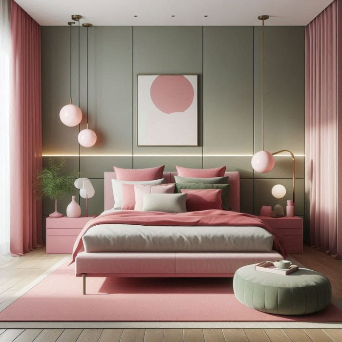Pink and Sage Green Modern Bedroom with clean lines in furniture design
