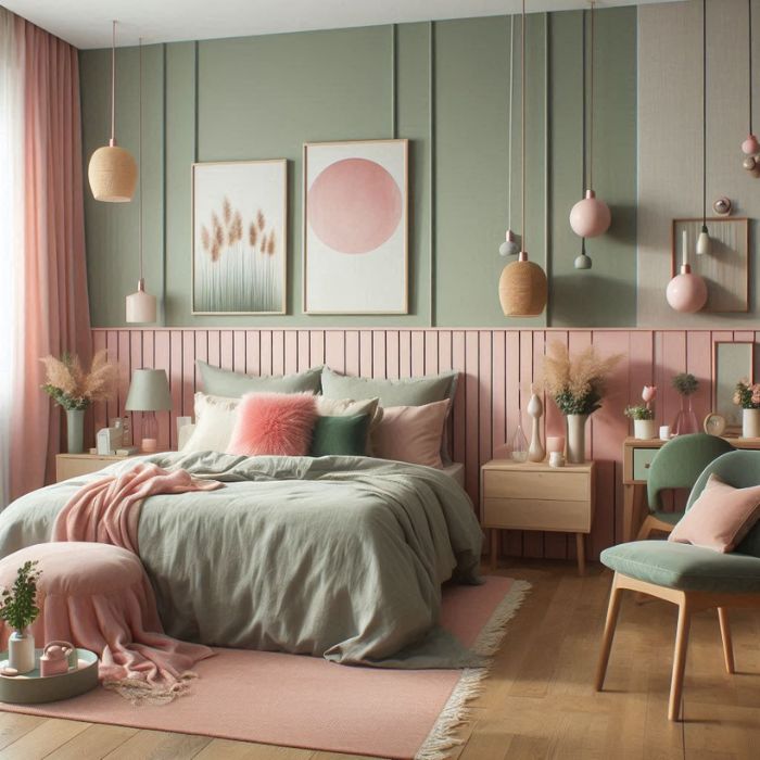Pink and Sage Green Modern Bedroom with clean lines in furniture design