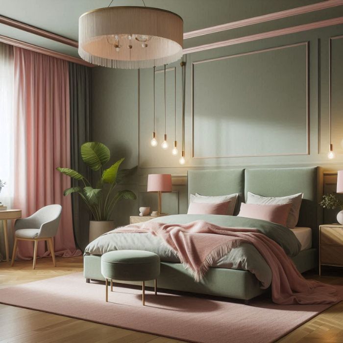 Sage Green and Pink Bedroom with ambient and task lighting
