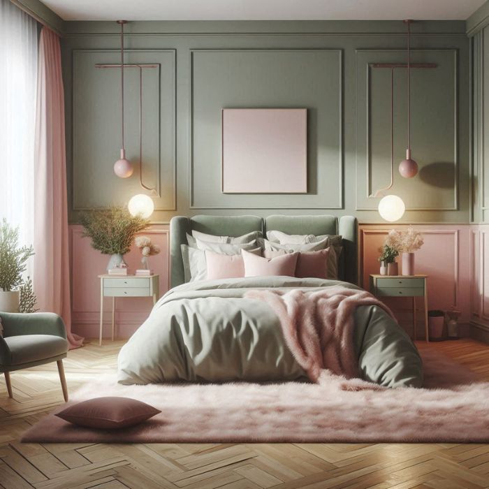 Sage Green and Pink Bedroom with ambient and task lighting
