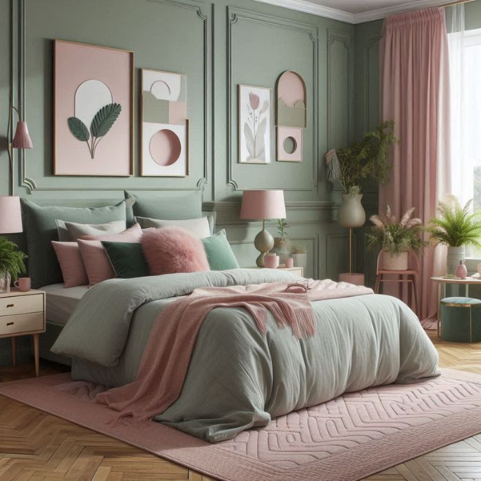 Sage Green and Pink Bedroom with furniture and decor
