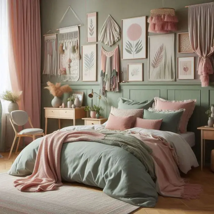 Sage Green and Pink Bedroom with textiles and bedding
