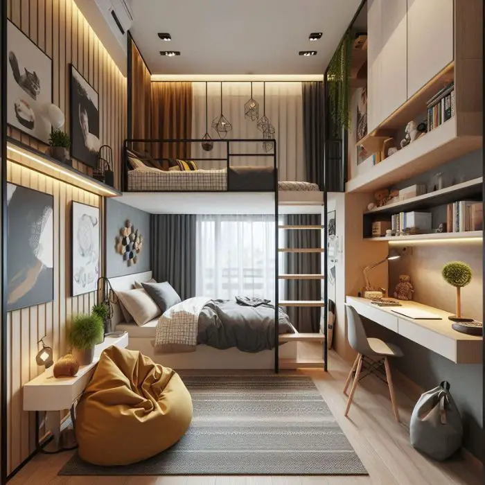 Small bedroom design for teen boys with a loft bed