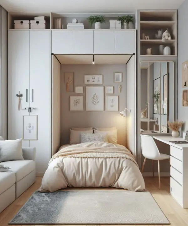 Small space guest bedroom with space-saving furniture like Murphy bed or loft bed