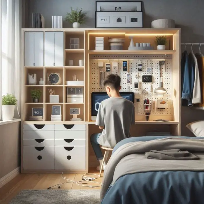 Small teen bedroom integrating technology seamlessly with cable management