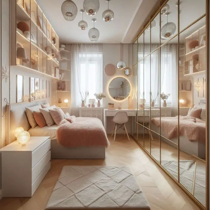 Small teen bedroom with mirrors creating the illusion of space