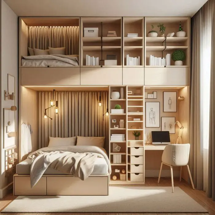Smart layouts for limited square footage in a small teen bedroom with loft beds