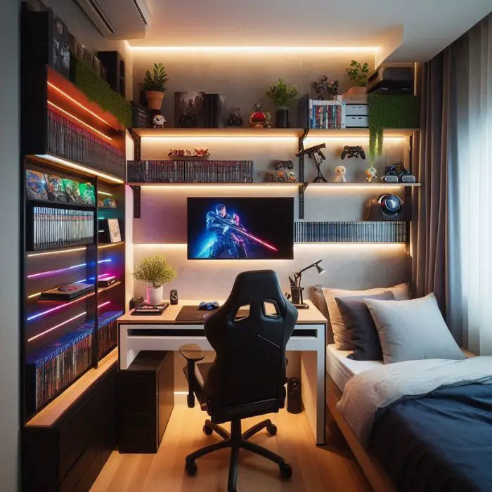 The Gamer’s Lair, Small Bedroom Ideas for Boys, wall-mounted shelving for consoles and games