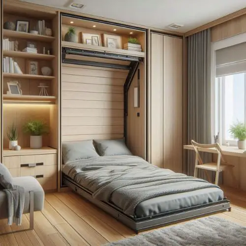 a Murphy bed in a very small bedroom