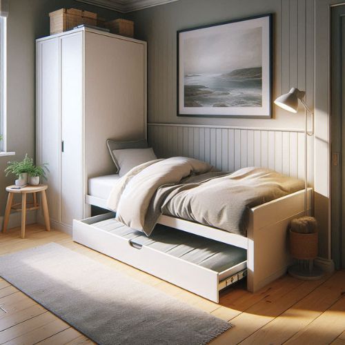 a trundle bed in a very small bedroom