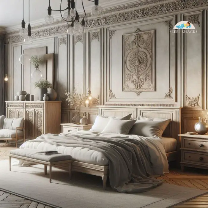  bedroom with a mix of antique furniture featuring intricate carvings and weathered finishes